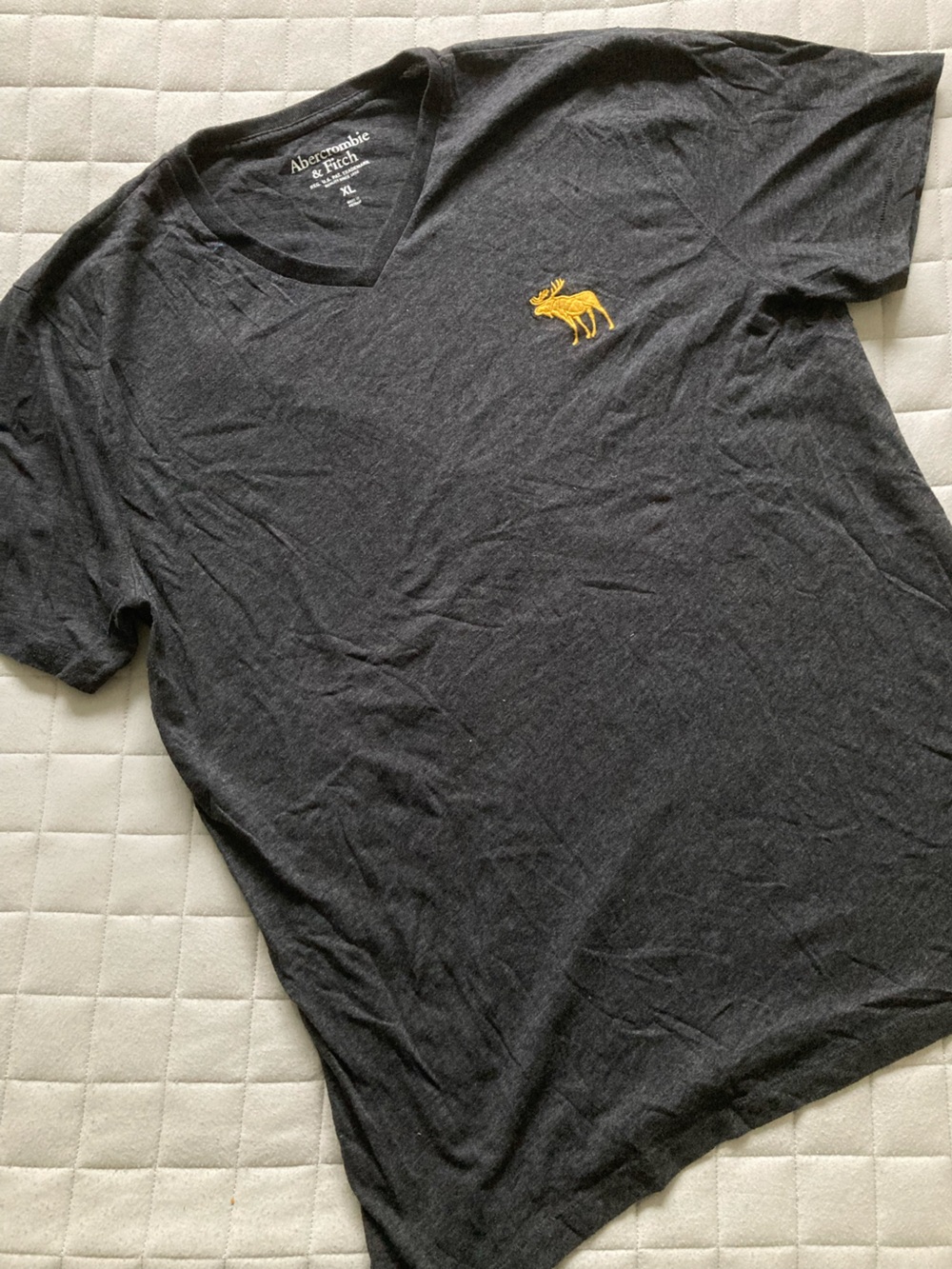 Abercrombie & Fitch Men’s Charcoal V‑Neck T‑Shirt with Yellow Logo